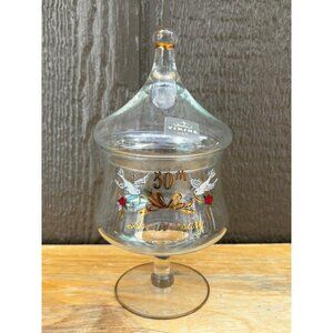 Vintage Viking Glass 50th Anniversary Candy Dish Lid & Gold Dove Apothecary Jar